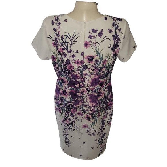 New York & Company White Floral Print Short Sleeve Sheath Dress With V-Neck & Ba - Picture 3 of 7